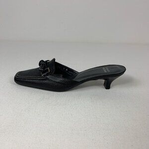 Stuart Weitzman Black Leather Slip-On Kitten Heel Mule with Chain Accent